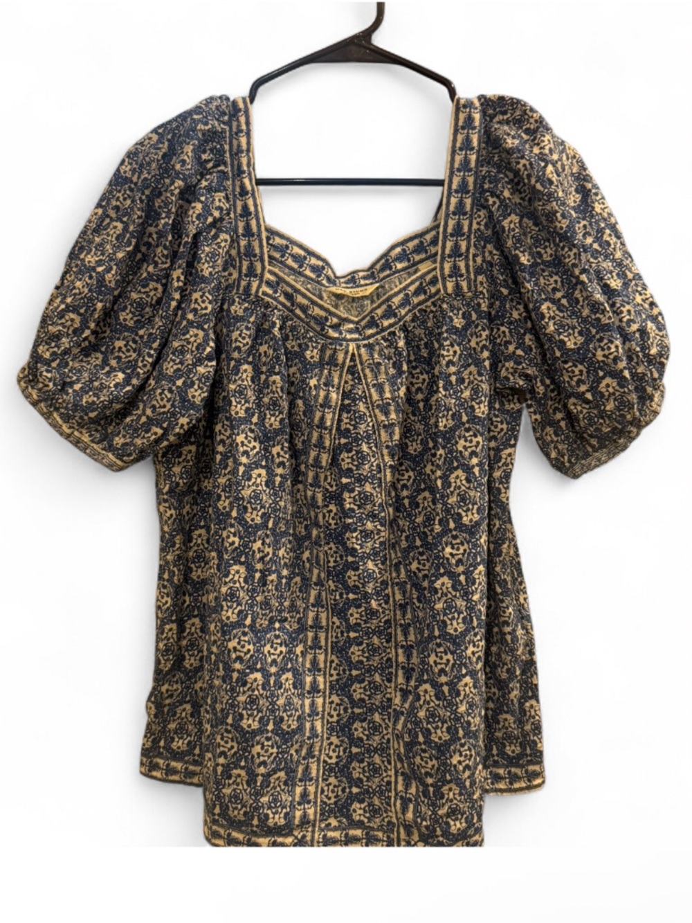 Max Studio Black & Gold Boho Puff Sleeve Square Neck Tunic